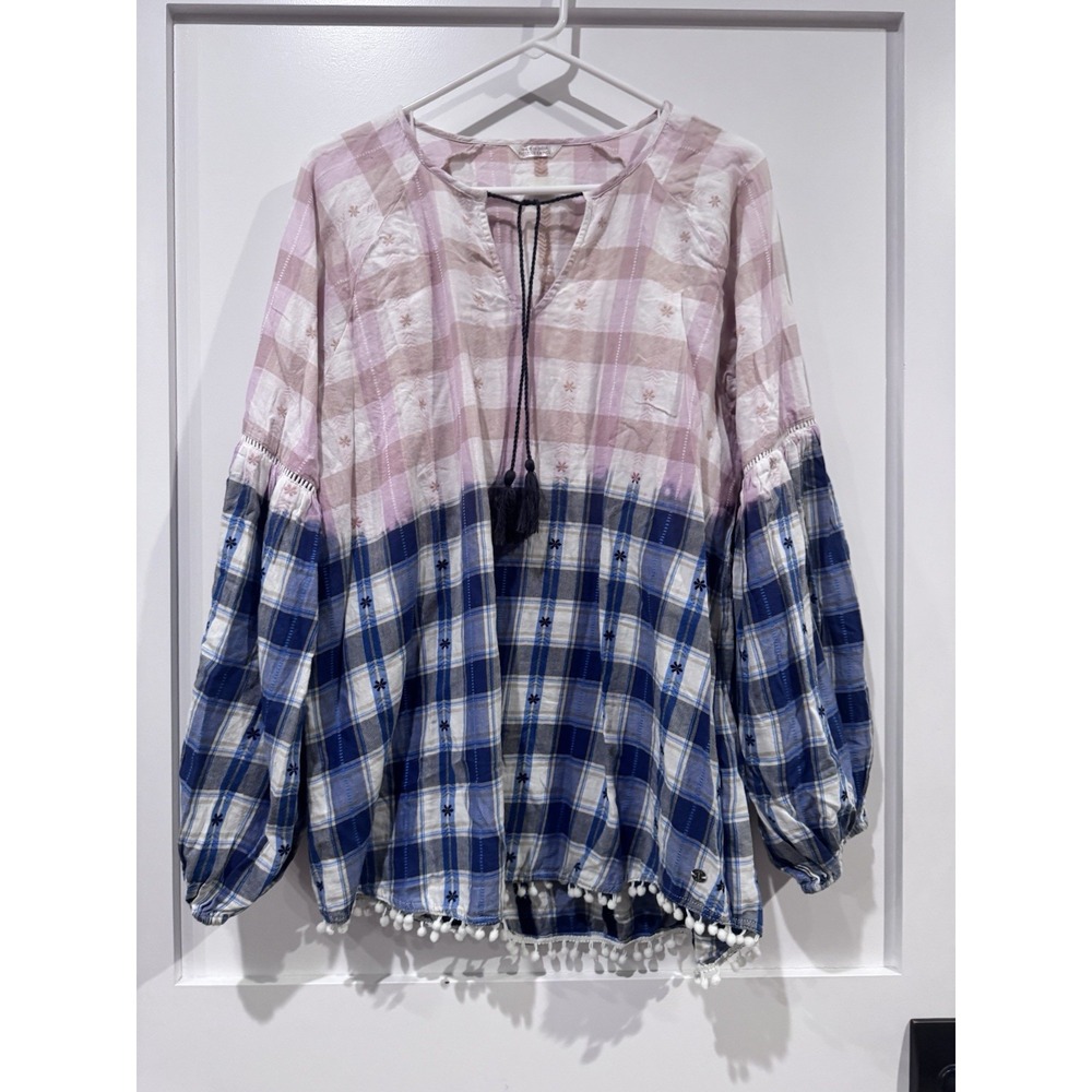 JAG Jeans Womens Plaid Embroidered Pom Pom Hem‎ Peasant Blouse Pink Navy Blue L